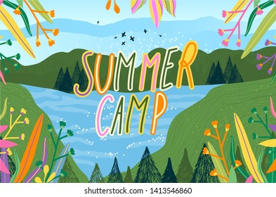 Summer Camp for kids creative vector illustration of landscape natural background \ poster \ banner. 
