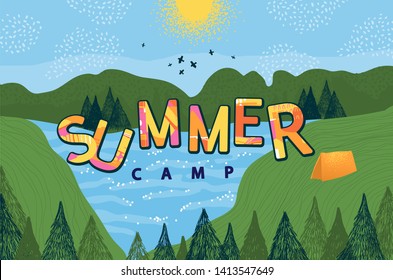 Summer Camp for kids creative vector illustration of landscape natural background \ poster \ banner. 