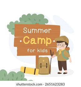 Summer Camp for kids. Happy boy scout in uniform standing near wooden placard. Kids Summer Camp with school tour, advertising wooden board. cartoon flat vector illustration