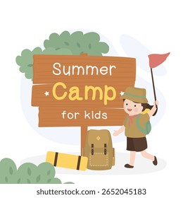 Acampamento de verão para crianças. Escoteiro menina feliz no uniforme de pé perto de cartaz de madeira. Acampamento de Verão para crianças com excursão escolar, prancha de madeira de publicidade. Personagem feminino segurando bandeira. ilustração de vetor de desenho animado
