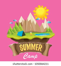 summer camp kids logo concept illustration with green valley, mountains, trees, sun, clouds, camp fire, camping tent and blue lake. Vector summer camp logo or flyer illustration.