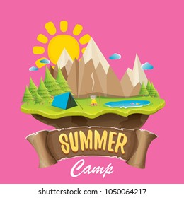 summer camp kids logo concept illustration with green valley, mountains, trees, sun, clouds, camp fire, camping tent and blue lake. Vector summer camp logo or flyer illustration.