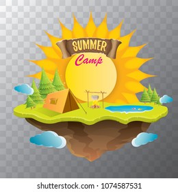 summer camp kids logo concept illustration with green valley, mountains, trees, sun, clouds, camp fire, camping tent and blue lake. Vector summer camp logo or flyer illustration.