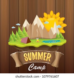 summer camp kids logo concept illustration with green valley, mountains, trees, sun, clouds, camp fire, camping tent and blue lake. Vector summer camp logo or flyer illustration.