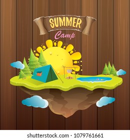 Summer Camp Kids Logo Concept Illustration With Green Valley, Mountains, Trees, Sun, Clouds, Camp Fire, Camping Tent And Blue Lake. Vector Summer Camp Logo Or Flyer Illustration.