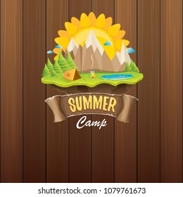 summer camp kids logo concept illustration with green valley, mountains, trees, sun, clouds, camp fire, camping tent and blue lake. Vector summer camp logo or flyer illustration.