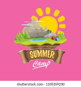 summer camp kids logo concept illustration with green valley, mountains, trees, sun, clouds, camp fire, camping tent and blue lake. Vector summer camp logo or flyer illustration.