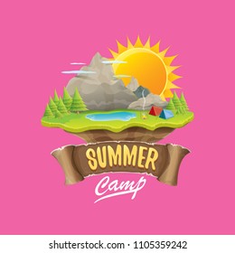 summer camp kids logo concept illustration with green valley, mountains, trees, sun, clouds, camp fire, camping tent and blue lake. Vector summer camp logo or flyer illustration.