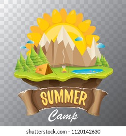 summer camp kids logo concept illustration with green valley, mountains, trees, sun, clouds, camp fire, camping tent and blue lake. Vector summer camp logo or flyer illustration.