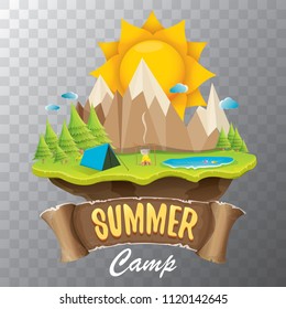 summer camp kids logo concept illustration with green valley, mountains, trees, sun, clouds, camp fire, camping tent and blue lake. Vector summer camp logo or flyer illustration.