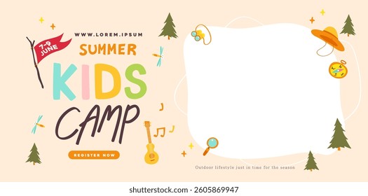Summer camp for kids poster banner nature background with Summer camp adventure activities set
