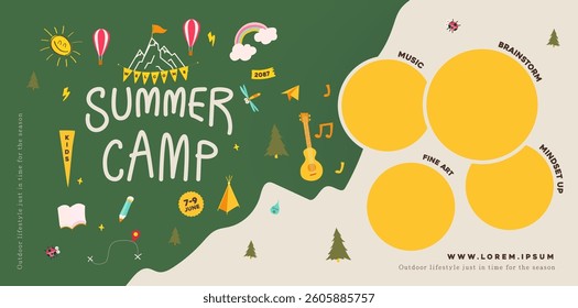 Summer camp for kids poster banner nature background with Summer camp adventure activities set