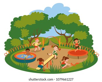 summer camp for kids poster. children play on the Playground vector illustration
