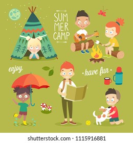 Summer camp Kids set, enjoying nature, playing and having fun. Vector illustration.