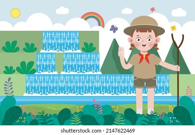 summer camp kids wear scout honor uniform banner template background education for advertising brochure poster, happy children doing activities on camping, flyer your text , flat Vector Illustration 