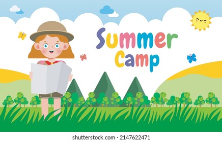 summer camp kids wear scout honor uniform banner template background education for advertising brochure poster, happy children doing activities on camping, flyer your text , flat Vector Illustration 