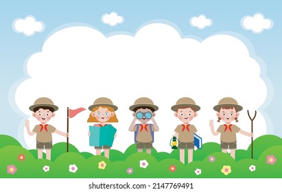 Summer Camp Kids Wear Scout Honor Uniform Banner Template Background Education For Advertising Brochure Poster, Happy Children Doing Activities On Camping, Flyer Your Text , Flat Vector Illustration 