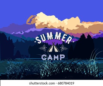 Summer camp label / illustration. Beautiful landscape with forest and sunset in mountains