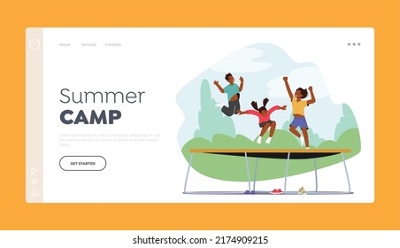 Summer Camp Landing Page Template. Little Kids Jumping and Hopping On Trampoline at Sunny Day. Friends Celebrate Party, Having Fun On Weekend Having Fun And Playing. Cartoon People Vector Illustration