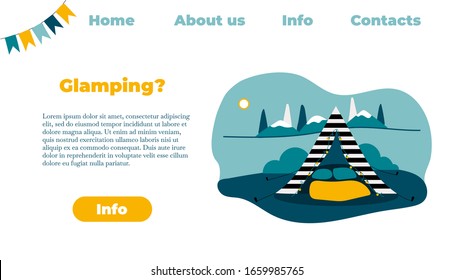 Summer camp landing page website template. Vector flat cartoon illustration of tent near forest and mountain background. Summer camping, hiking, trekking concept.