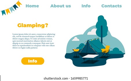 Plantilla del sitio web de la página de inicio del campamento de verano. Tienda de ilustraciones de dibujos planos vectoriales cerca del fondo del bosque. Camping de verano, senderismo, trekking.