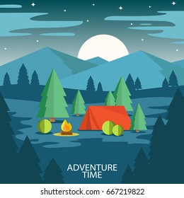 Summer camp. Landscape with red tent, campfire, forest and mountains in the background. Sport, camping, adventures in nature, vacation, and tourism vector illustration.Night scene