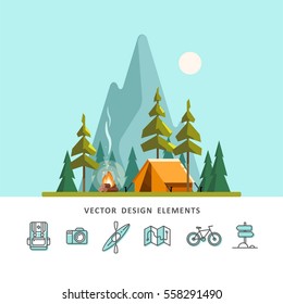 Summer camp. Landscape with yellow tent, campfire, forest and mountains on the background. Sport, camping, adventures in nature, vacation, and tourism vector illustration.