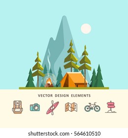 Summer camp. Landscape with yellow tent, campfire, forest and mountains in the background. Sport, camping, adventures in nature, vacation, and tourism vector illustration.