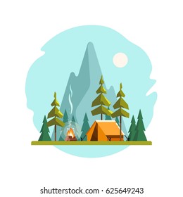 Summer camp. Landscape with yellow tent, campfire, forest and mountains on the background. Sport, camping, adventures in nature, vacation, and tourism vector illustration.