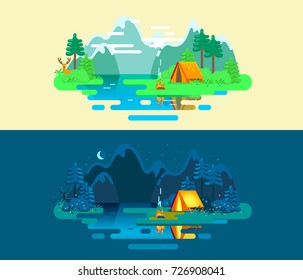 Summer Camp. Landscape with Yellow Tent, Campfire, Forest, Lake, Deer and Mountains on the Background. Sport, Camping  Adventures, Vacation, and Tourism. Vector Illustration