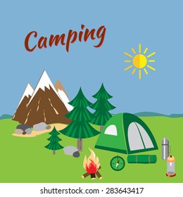 Summer camp leisure park summer camp, vector icons for tourism, recreation for active people, landscape, nature, mountains, travel, hike in the woods, in the country, in the mountains.