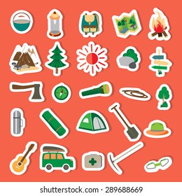Summer camp leisure park summer camp, vector icons for tourism, recreation for active people, landscape, nature, mountains, travel, hike in the woods, in the country ,icon on a red background.