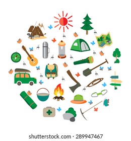 Summer camp leisure park summer camp, vector icons for tourism, recreation for active people, landscape, nature, mountains, travel, hike in the woods, in the country