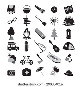 Summer camp leisure park summer camp, vector icons for tourism, recreation for active people, landscape, nature, mountains, travel, hike in the woods, in the country
