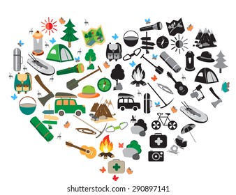 Summer camp leisure park summer camp, vector icons for tourism, recreation for active people, landscape, nature, mountains, travel, hike in the woods, in the country