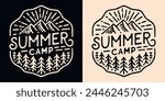Summer camp lettering camper badge camping emblem. Mountain forest retro vintage aesthetic illustration. Outdoorsy quotes for matching friends school trip scout teacher logo shirt design print vector.