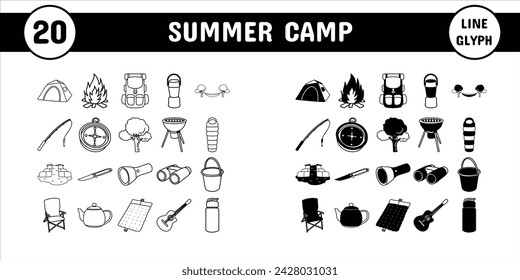 Summer camp Line Glyph Vector Illustration Icon Sticker Set Design Materials