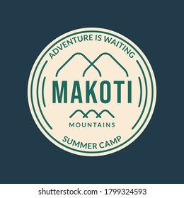 Summer camp logo or badge with mountains line silhouette. Outdoor and adventure graphic. Camping icon. Vector illustration.