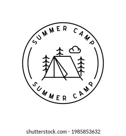 Summer camp logo. Camping label, tent icon. Vacation, adventure, journey