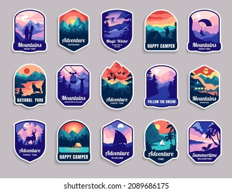 Summer camp logo. Cartoon outdoor travel and hiking emblem with forest tent or mountains. Winter journey. Adventure in national park. Extreme vacation. Vector retro camping badges set