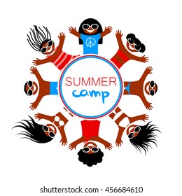 Summer camp. Logo Design Template. Happy children of different nationalities rest on the sea beach. Vector illustration.