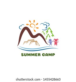 Summer camp logo. Funny cartoon logo template. Vector Illustration