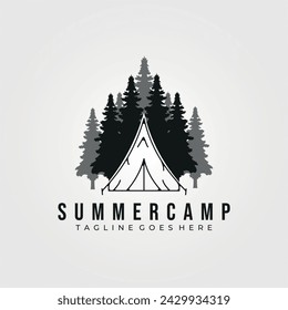 summer camp logo line art  vector vintage illustration design, template icon camping outdoors