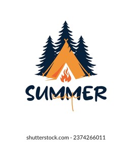 summer camp logo with pine trees and tent