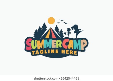 summer camp logo with q combination of q tent, pine forest, sun, and kids activities. It is good for outdoor activities business, rental, travel, etc.