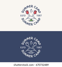 Summer camp logo set color and line style consisting of tent, fire and sweet for travel badge, tourist symbol, explore emblem, expedition label, hiking sticker, climbing, poster, banner