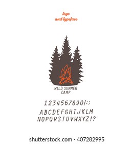 summer camp logo with stylized bonfire and trees silhouettes