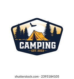 summer camp logo vector vintage illustration template icon graphic design. camping outdoors nature adventure sign or symbol for travel tourism with retro typography style