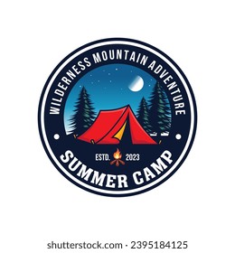 summer camp logo vector vintage illustration template icon graphic design. camping outdoors nature adventure sign or symbol for travel tourism with retro typography style