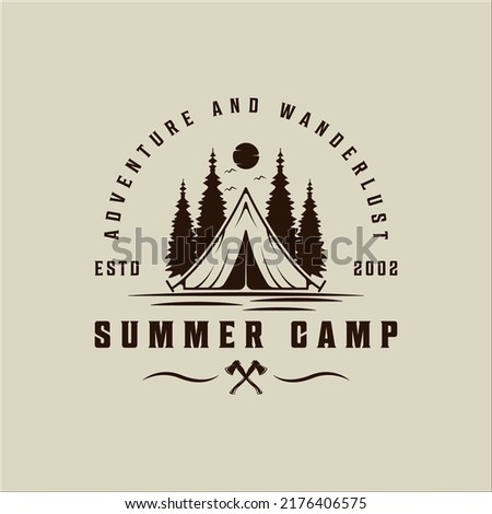 summer camp logo vector vintage illustration template icon graphic design. camping outdoors nature adventure sign or symbol for travel tourism with retro typography style